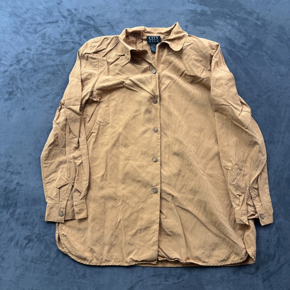 City Silk Tan 100% Silk Long Sleeve Button Down Shirt Small Camel Tan
